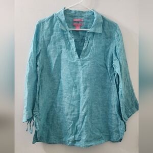 Isaac Mizrahi Aqua Blouse, Size Small, Linen.